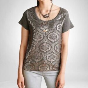 Moth by Anthropologie Grey Cotton Sweater with Silver Appliqué Baroque Design, S